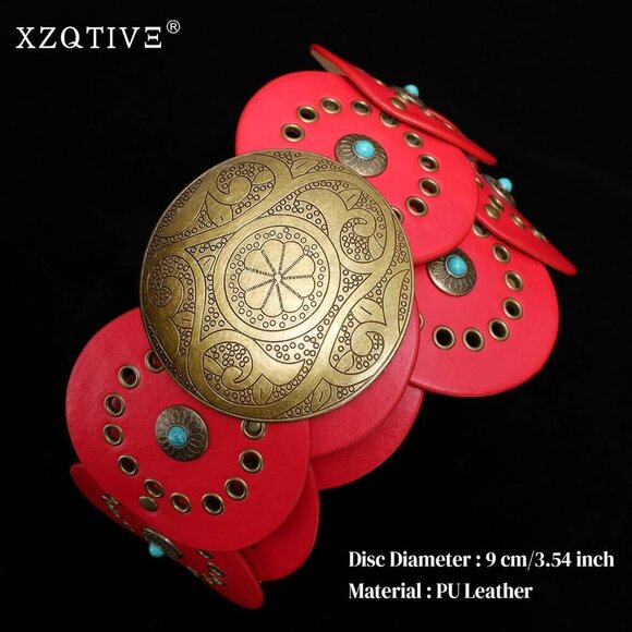 Woman\'s Western PU Leather Belts Concho Disc Wide Waist Belt Red Bronze Buckle